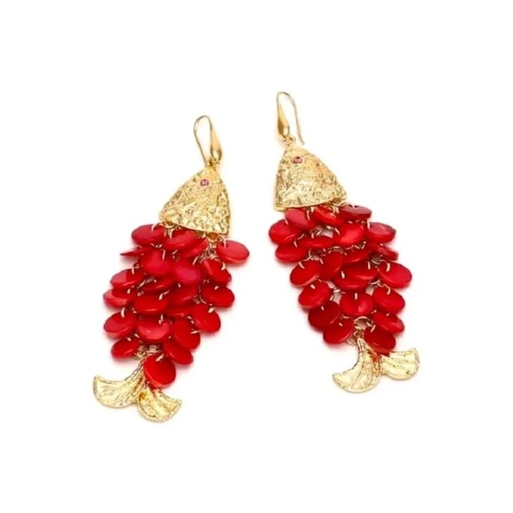 Zara Fish Tassel Earrings. Gold&Red - Picture 4 of 7